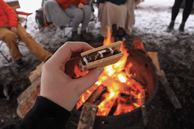 A photo of a hand holding a smore in front of a campfire.