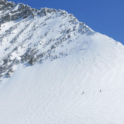 Skiers on Robertson Glacier, Complex Terrain